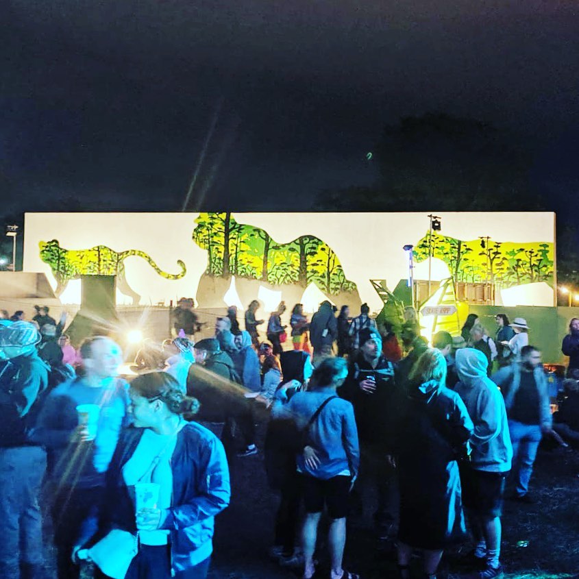 Night shot of my #mural for @greenpeaceuk At @glastofest this year! Theme was #SaveTheJungle .
.
.
#GreenpeaceField #ProtectForests #RestoreForestsRestoreHope #Glastonbury #GlastonburyFestival #Glasto #Forests #Nature,